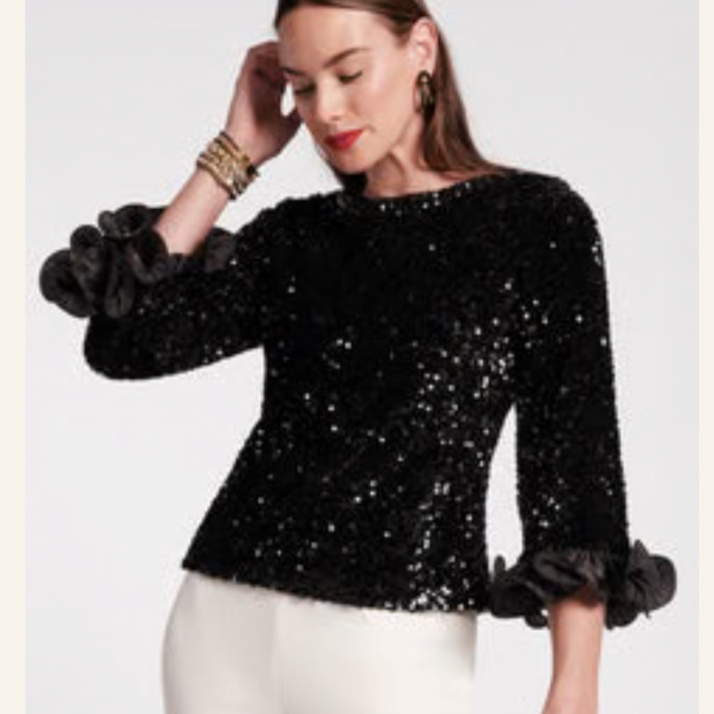 Frances Valentine Plaza Top Sequin Poly Satin Black